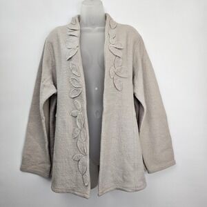 Knit Cardigan 2X Open Front Leaf Applique Neutral Hand Made Boho Fairy Cottage